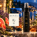 ROVÉL Auto 001 — odorizant cu colțuri rotunjite și refill spray 50 ml cu etichetă verticală neagră și aurie