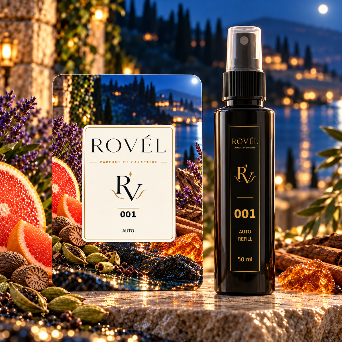 ROVÉL Auto 001 — odorizant cu colțuri rotunjite și refill spray 50 ml cu etichetă verticală neagră și aurie