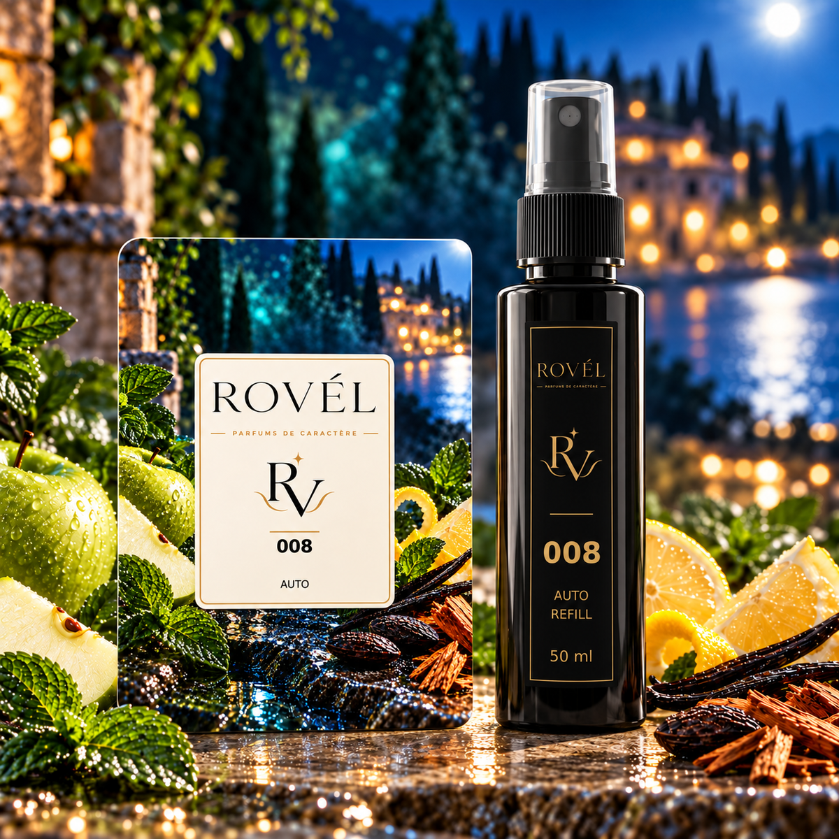 ROVÉL Auto 008 — odorizant cu colțuri rotunjite și refill spray 50 ml cu etichetă verticală neagră și aurie