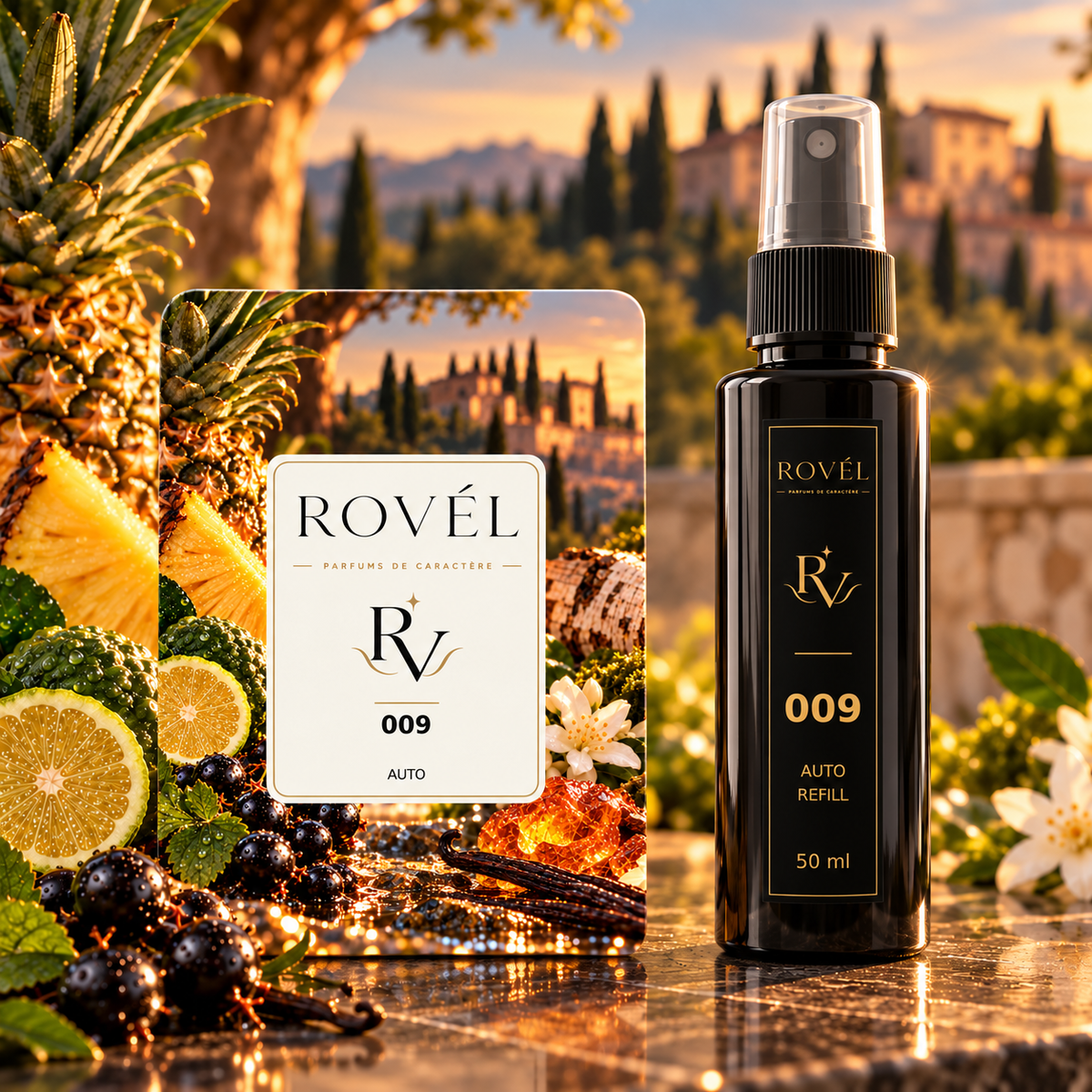 ROVÉL Auto 009 — odorizant cu colțuri rotunjite și refill spray 50 ml cu etichetă verticală neagră și aurie