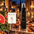 ROVÉL Auto 011 — odorizant cu colțuri rotunjite și refill spray 50 ml cu etichetă verticală neagră și aurie