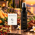 ROVÉL Auto 013 — odorizant cu colțuri rotunjite și refill spray 50 ml cu etichetă verticală neagră și aurie