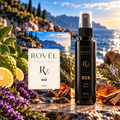 ROVÉL Auto 015 — odorizant cu colțuri rotunjite și refill spray 50 ml cu etichetă verticală neagră și aurie