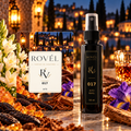 ROVÉL Auto 017 — odorizant cu colțuri rotunjite și refill spray 50 ml cu etichetă verticală neagră și aurie
