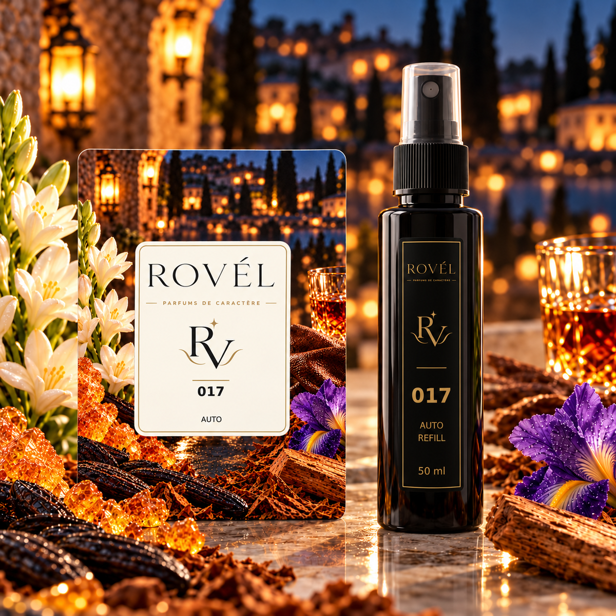 ROVÉL Auto 017 — odorizant cu colțuri rotunjite și refill spray 50 ml cu etichetă verticală neagră și aurie