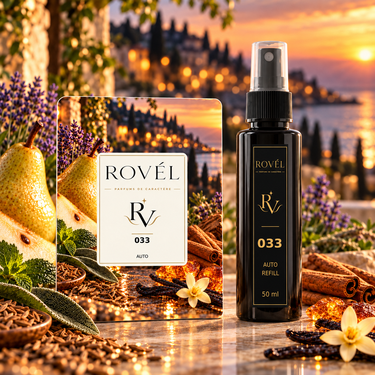 ROVÉL Auto 033 — odorizant cu colțuri rotunjite și refill spray 50 ml cu etichetă verticală neagră și aurie