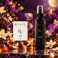ROVÉL Auto 110 — odorizant cu colțuri rotunjite și refill spray 50 ml cu etichetă verticală neagră și aurie