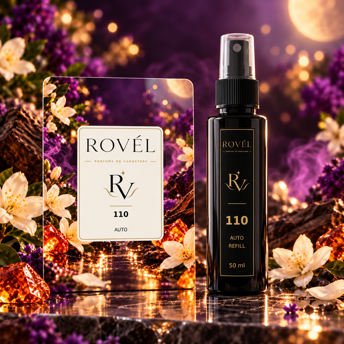 ROVÉL Auto 110 — odorizant cu colțuri rotunjite și refill spray 50 ml cu etichetă verticală neagră și aurie