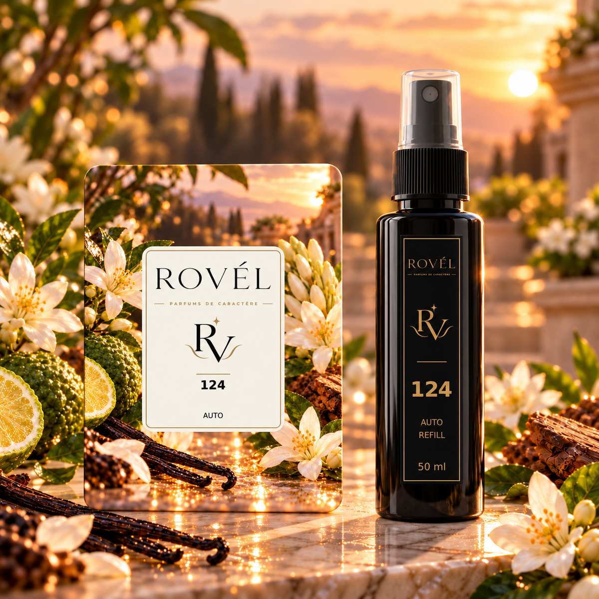 ROVÉL Auto 124 — odorizant cu colțuri rotunjite și refill spray 50 ml cu etichetă verticală neagră și aurie