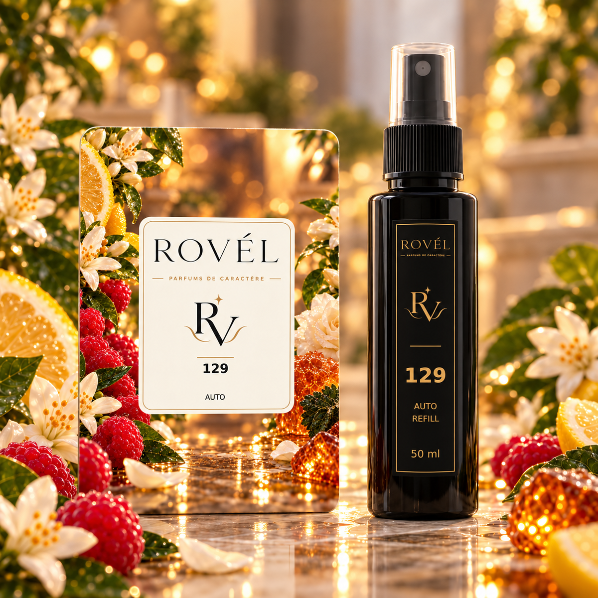 ROVÉL Auto 129 — odorizant cu colțuri rotunjite și refill spray 50 ml cu etichetă verticală neagră și aurie