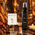 ROVÉL Auto 203 — odorizant cu colțuri rotunjite și refill spray 50 ml cu etichetă verticală neagră și aurie
