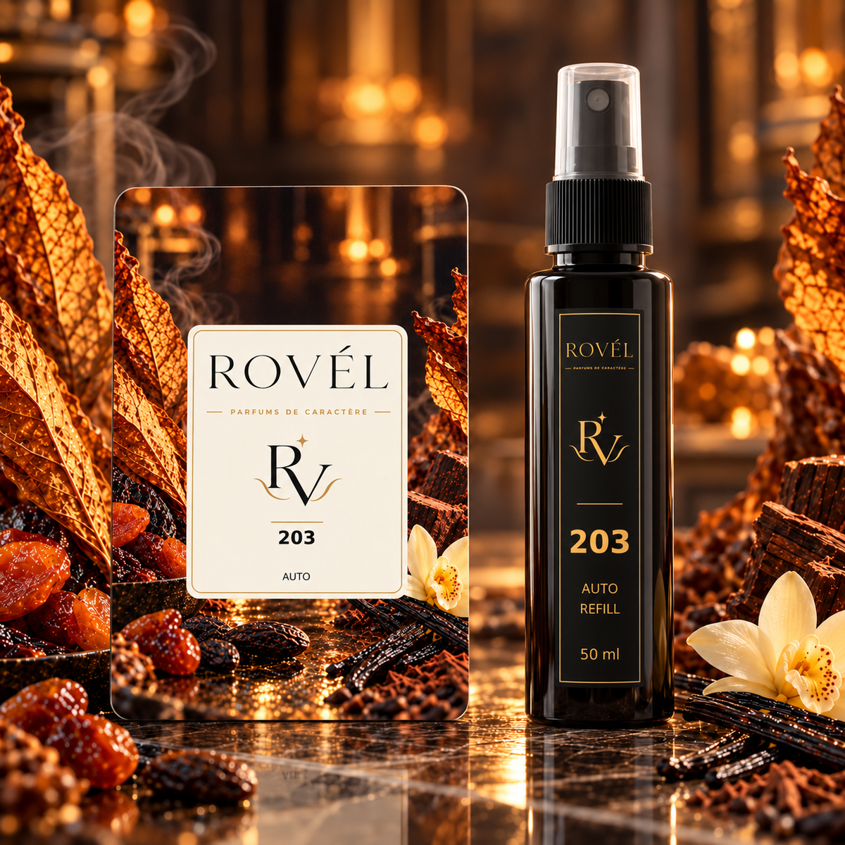 ROVÉL Auto 203 — odorizant cu colțuri rotunjite și refill spray 50 ml cu etichetă verticală neagră și aurie