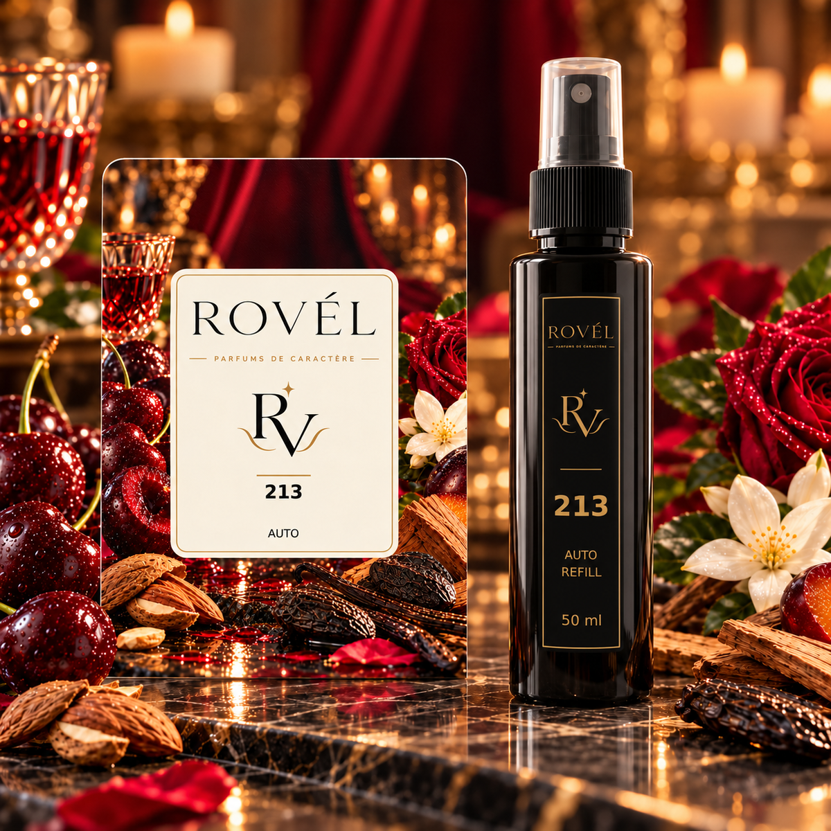 ROVÉL Auto 213 — odorizant cu colțuri rotunjite și refill spray 50 ml cu etichetă verticală neagră și aurie